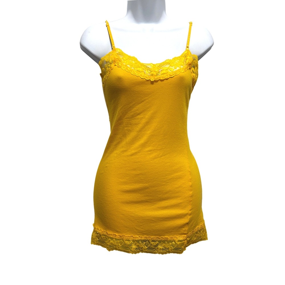 Y2K Women Coquette Indie Longline Fitted Cami S Yellow‎ Lace Ribbed Elena Bella